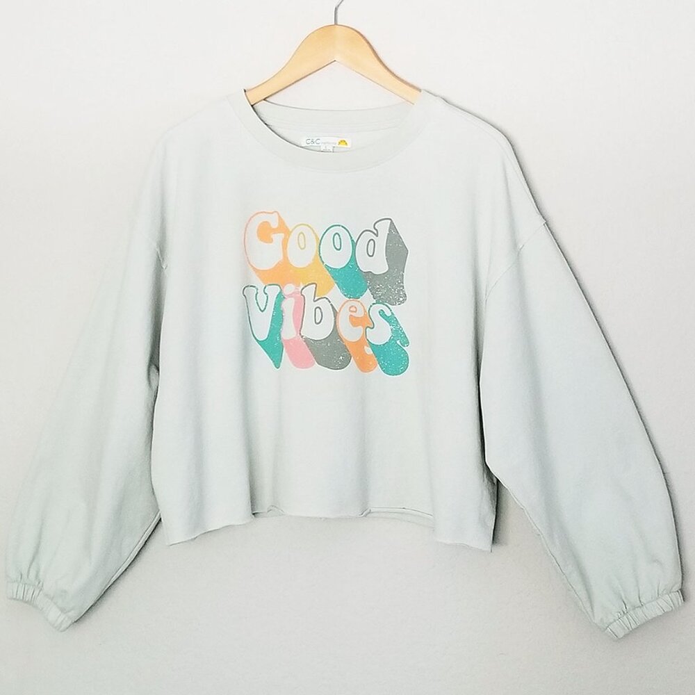 C&C California Good Vibes Colorful Graphic Cropped Sweatshirt L Sage Green $78